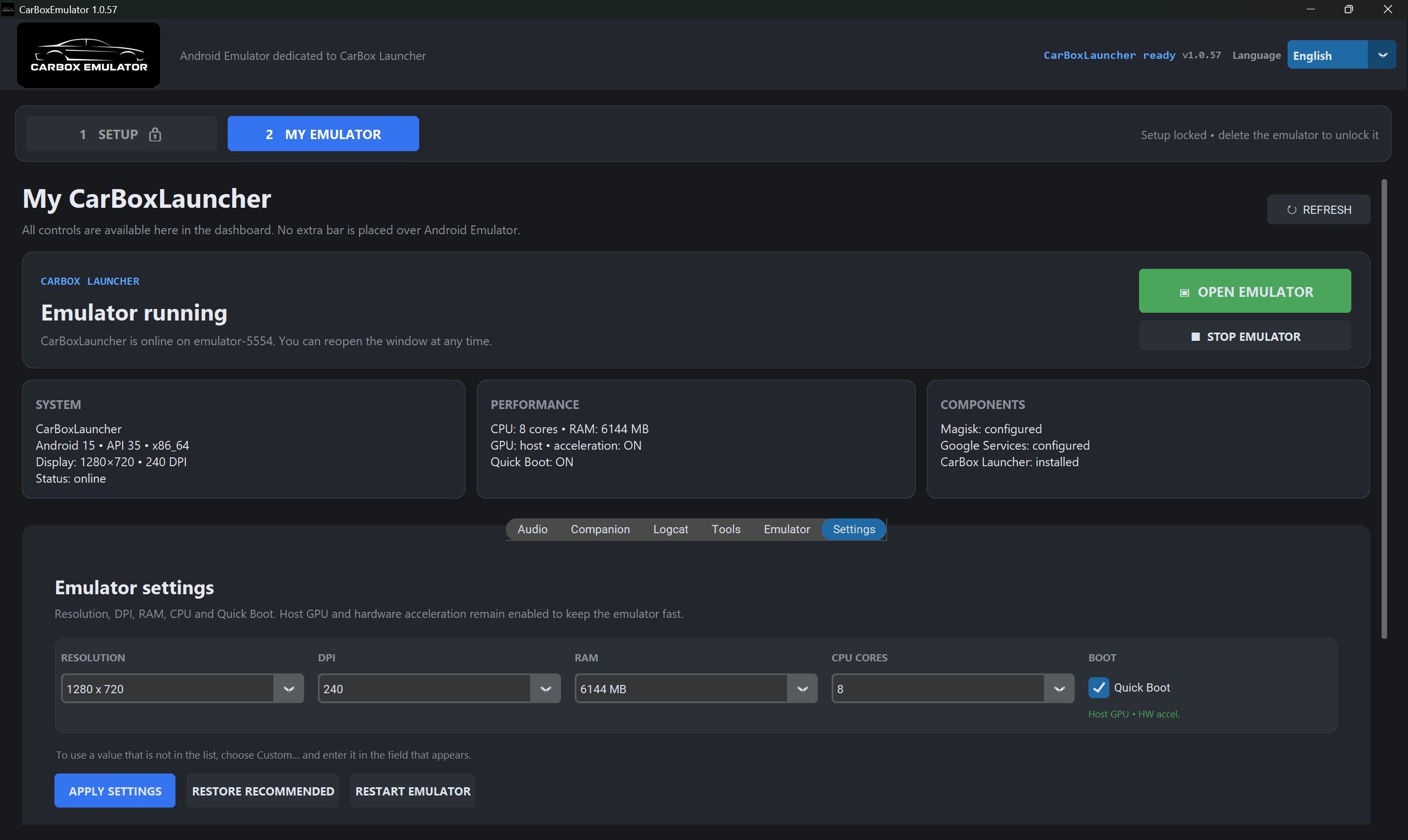 CarBox Emulator Settings